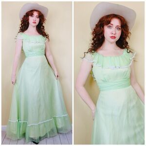 1970s Vintage Mint Green Nylon Prairie Dress / 70s  Seafoam Ruffled Gown Small